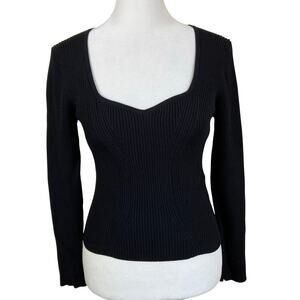 Massimo Dutti Black Cropped Ribbed Knit Sweatheart Neckline Sweater Flattering